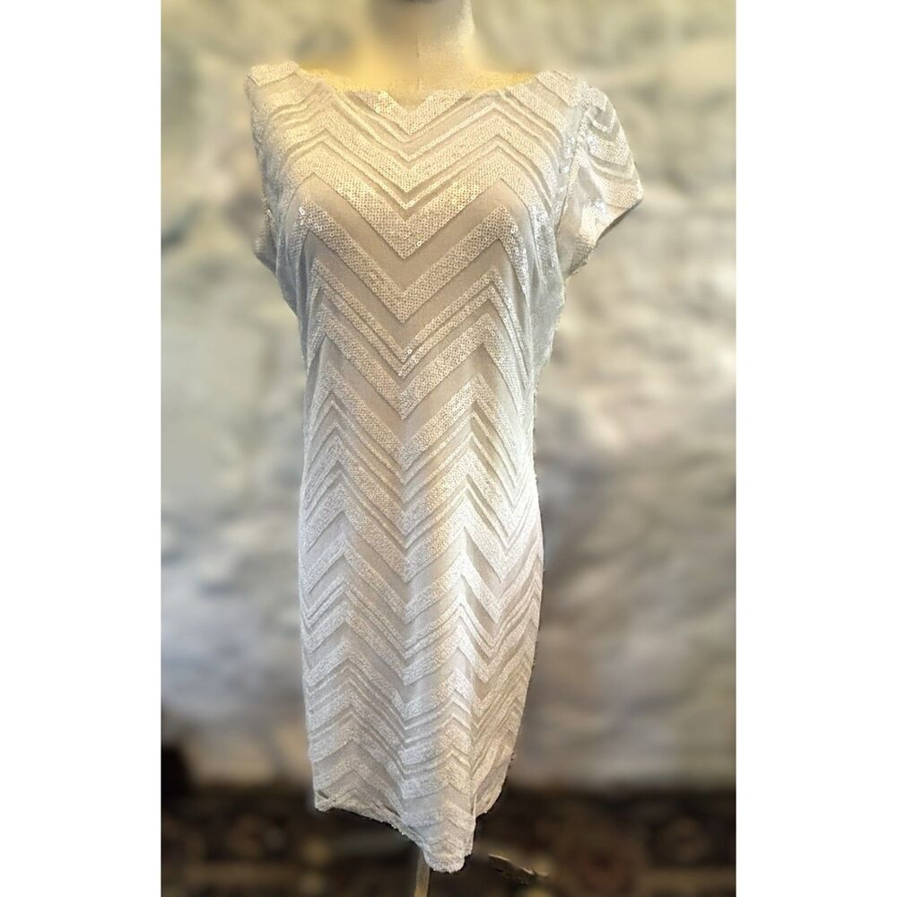 White Sequin Chevron Mesh Dress Art Deco Sheath Wedding Cocktail Bachelorette